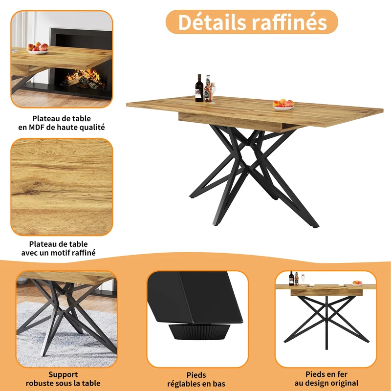 Table de salle à manger extensible effet bois, pieds étoile métal noir, 120-160x80 cm ARMOIREFLOW
