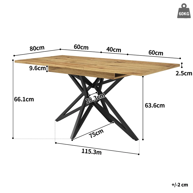 Table de salle à manger extensible effet bois, pieds étoile métal noir, 120-160x80 cm ARMOIREFLOW