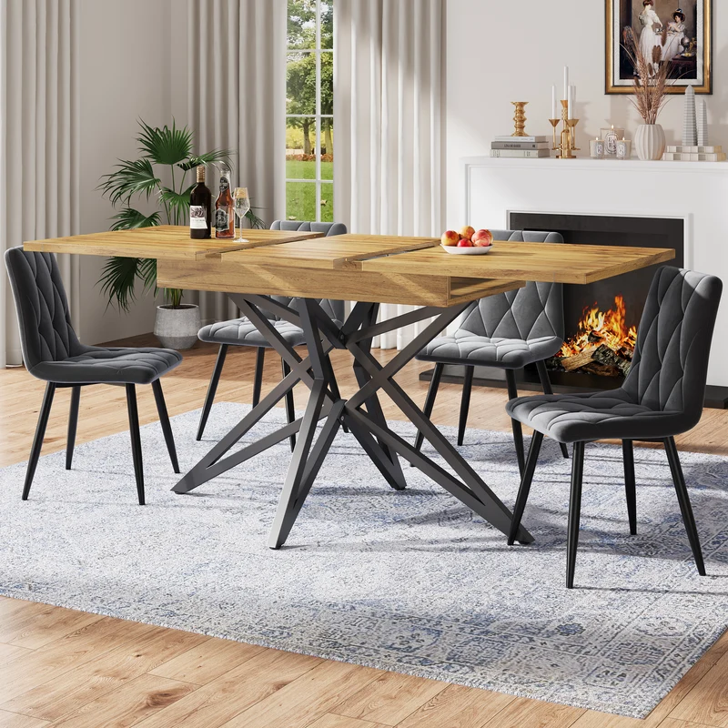Table de salle à manger extensible effet bois, pieds étoile métal noir, 120-160x80 cm ARMOIREFLOW