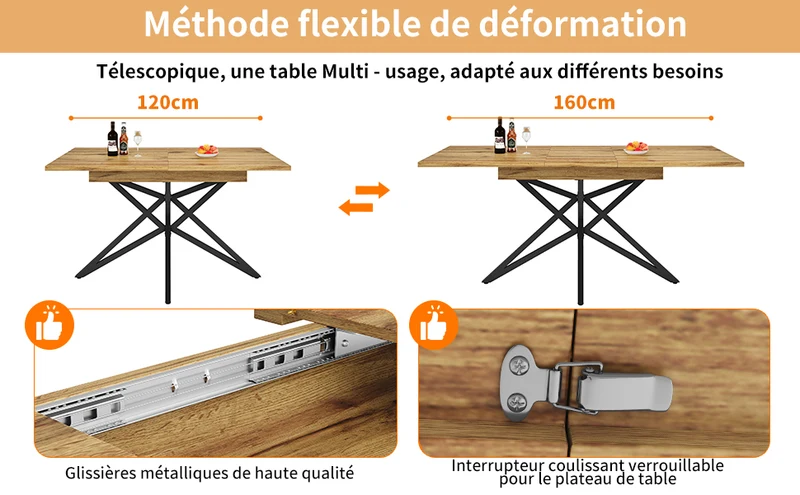 Table de salle à manger extensible effet bois, pieds étoile métal noir, 120-160x80 cm ARMOIREFLOW
