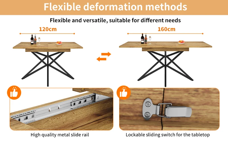 Table de salle à manger extensible effet bois, pieds étoile métal noir, 120-160x80 cm ARMOIREFLOW
