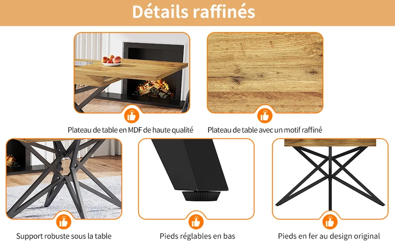 Table de salle à manger extensible effet bois, pieds étoile métal noir, 120-160x80 cm ARMOIREFLOW