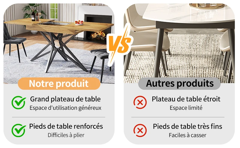 Table de salle à manger extensible effet bois, pieds étoile métal noir, 120-160x80 cm ARMOIREFLOW