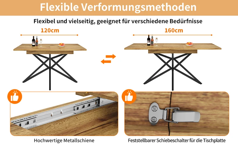 Table de salle à manger extensible effet bois, pieds étoile métal noir, 120-160x80 cm ARMOIREFLOW