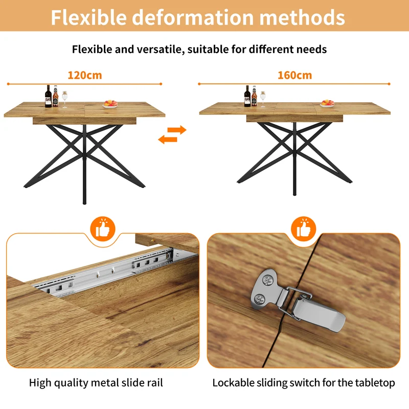 Table de salle à manger extensible effet bois, pieds étoile métal noir, 120-160x80 cm ARMOIREFLOW