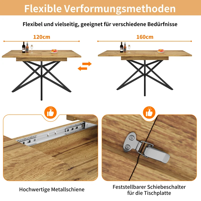 Table de salle à manger extensible effet bois, pieds étoile métal noir, 120-160x80 cm ARMOIREFLOW
