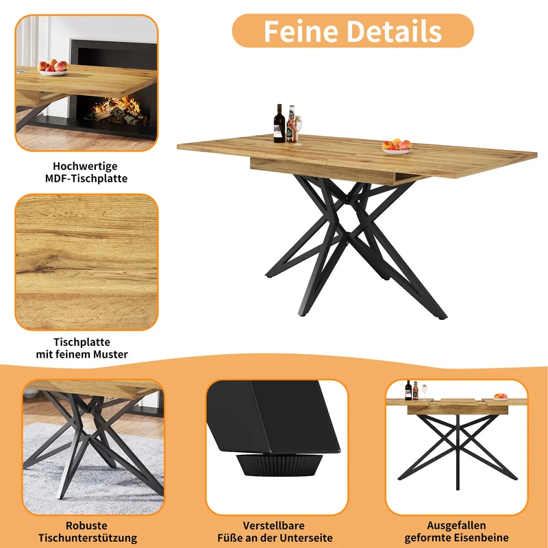 Table de salle à manger extensible effet bois, pieds étoile métal noir, 120-160x80 cm ARMOIREFLOW