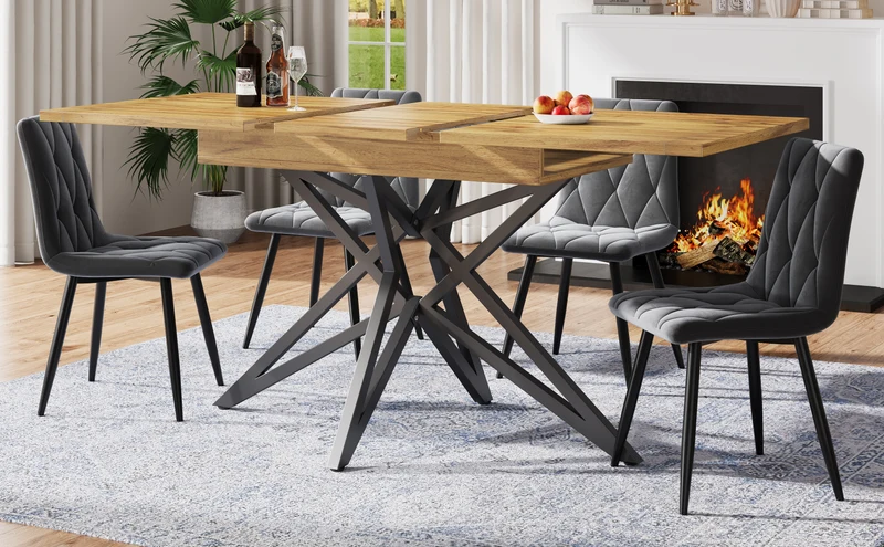 Table de salle à manger extensible effet bois, pieds étoile métal noir, 120-160x80 cm ARMOIREFLOW
