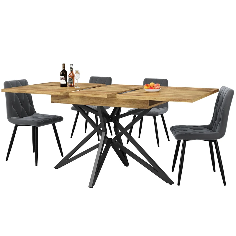 Table de salle à manger extensible effet bois, pieds étoile métal noir, 120-160x80 cm ARMOIREFLOW