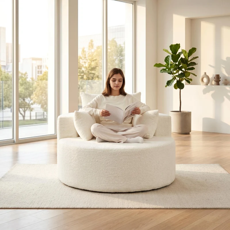 Fauteuil simple en chenille beige avec coussins, mousse sans montage BENCHWICKER
