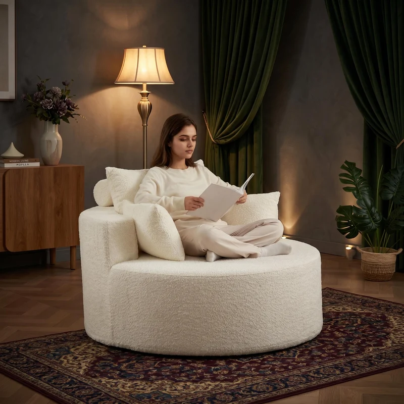 Fauteuil simple en chenille beige avec coussins, mousse sans montage BENCHWICKER