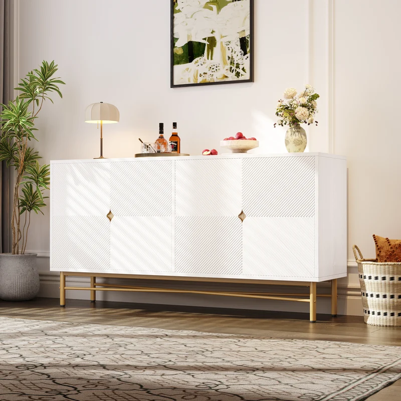 Buffet blanc motifs striés géométriques 4 portes, pieds dorés ALUMINUMBOX