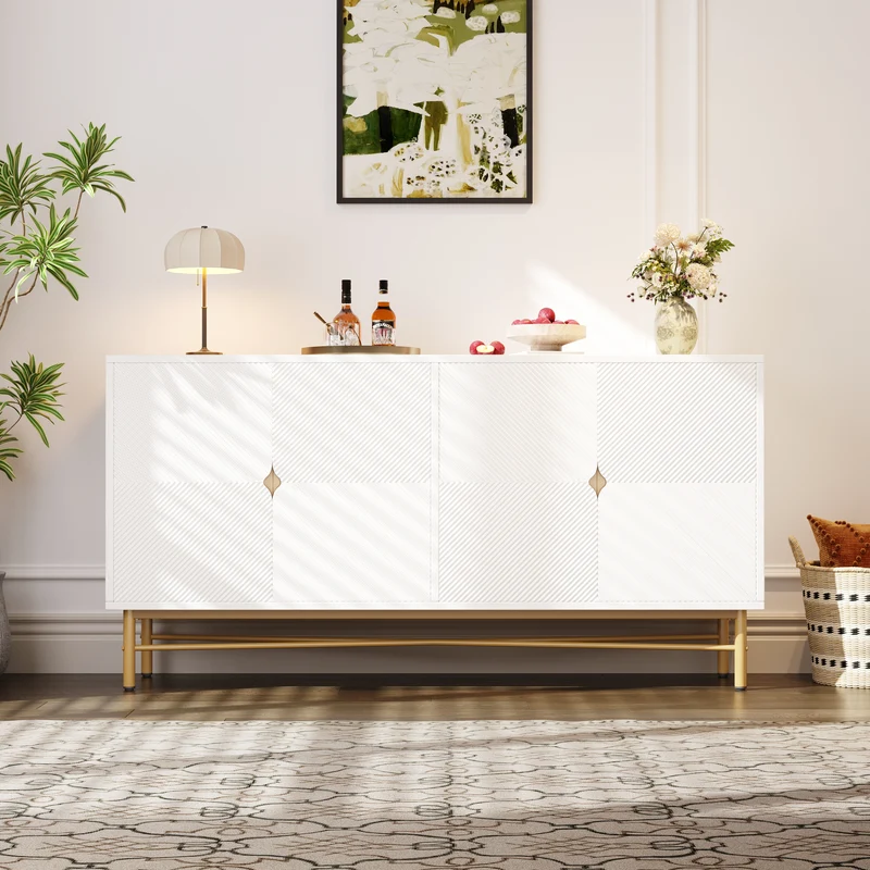 Buffet blanc motifs striés géométriques 4 portes, pieds dorés ALUMINUMBOX