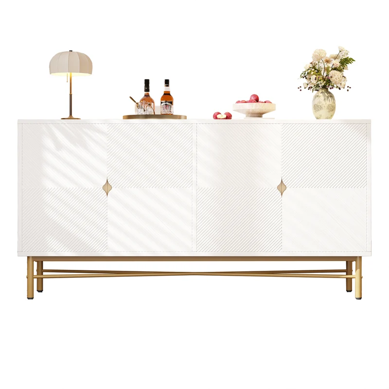 Buffet blanc motifs striés géométriques 4 portes, pieds dorés ALUMINUMBOX