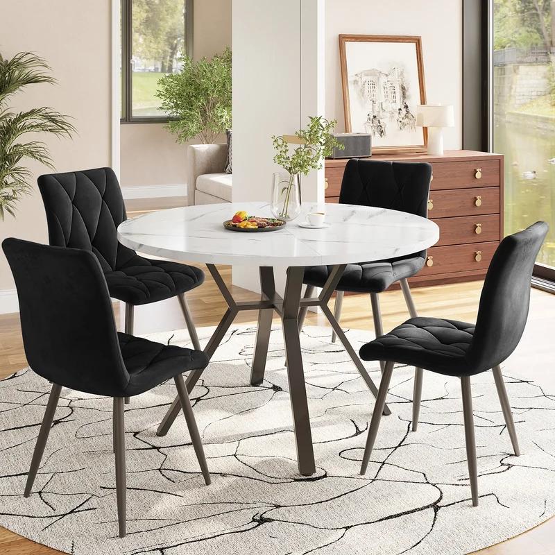 Table de salle à manger ronde effet marbre blanc et piètement X métal noir 100x100cm NICKELNEST