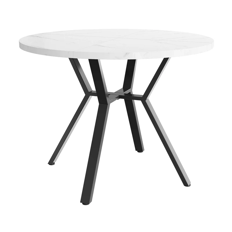 Table de salle à manger ronde effet marbre blanc et piètement X métal noir 100x100cm NICKELNEST