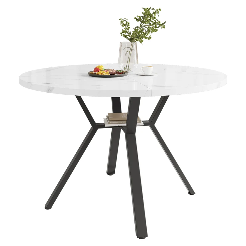 Table de salle à manger ronde effet marbre blanc et piètement X métal noir 100x100cm NICKELNEST