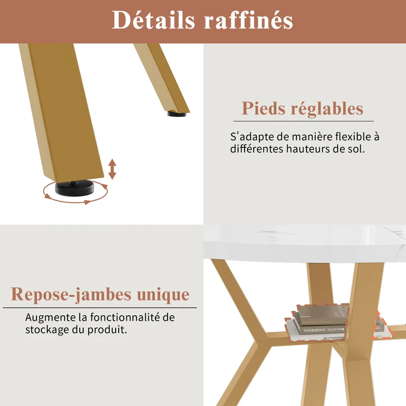 Table de salle à manger ronde effet marbre blanc et métal doré 100x100cm CHROMECREST