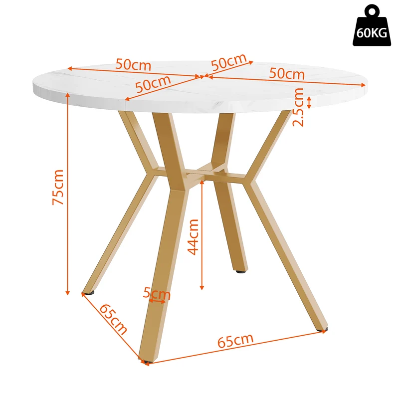 Table de salle à manger ronde effet marbre blanc et métal doré 100x100cm CHROMECREST
