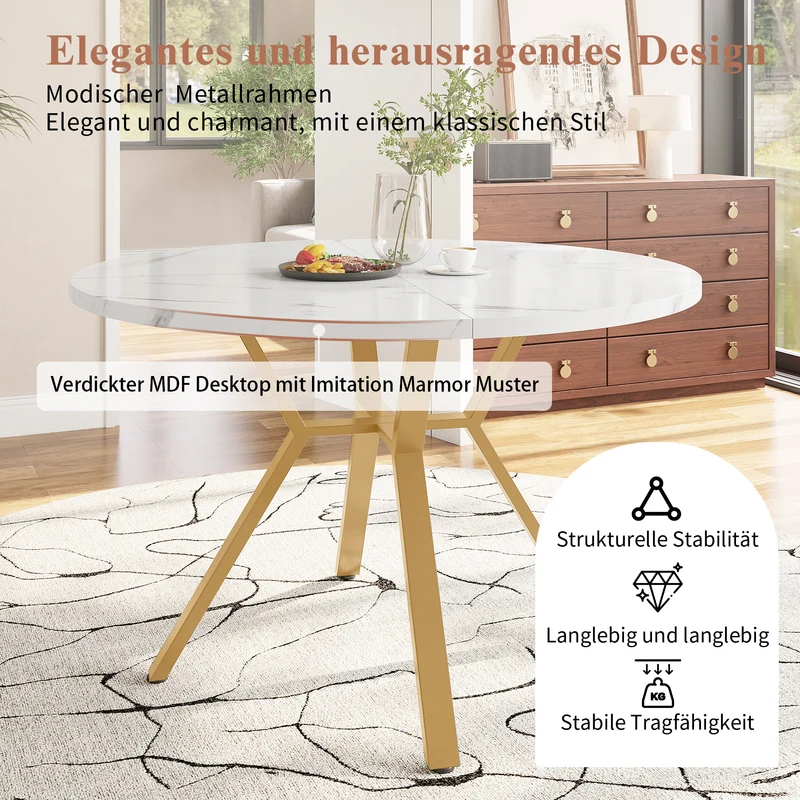 Table de salle à manger ronde effet marbre blanc et métal doré 100x100cm CHROMECREST
