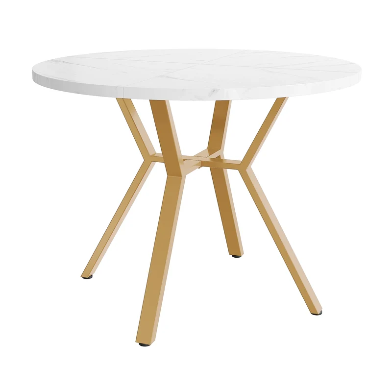 Table de salle à manger ronde effet marbre blanc et métal doré 100x100cm CHROMECREST