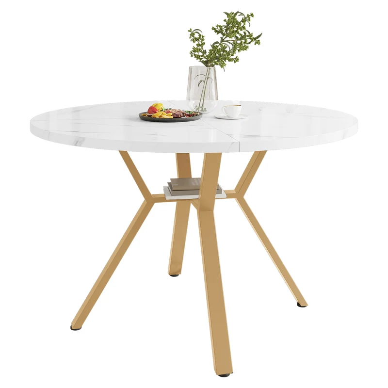 Table de salle à manger ronde effet marbre blanc et métal doré 100x100cm CHROMECREST
