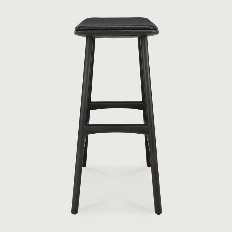 Ethnicraft Tabouret de Bar Osso avec Coussin en Cuir Noir (69 cm)