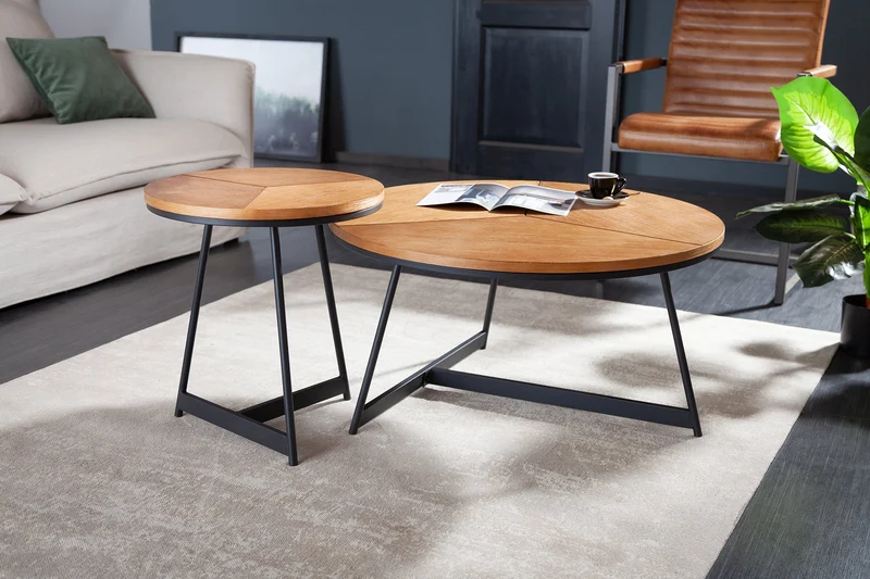 Table basse ronde OAK ELEGANCE 80cm design bois de chêne structure métal noir