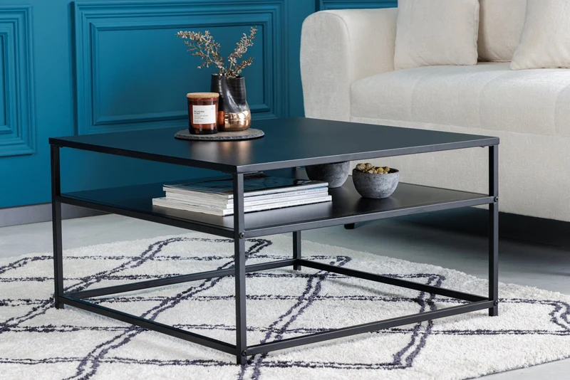 Table basse moderne DURA STEEL 70cm en métal noir avec compartiment de rangement