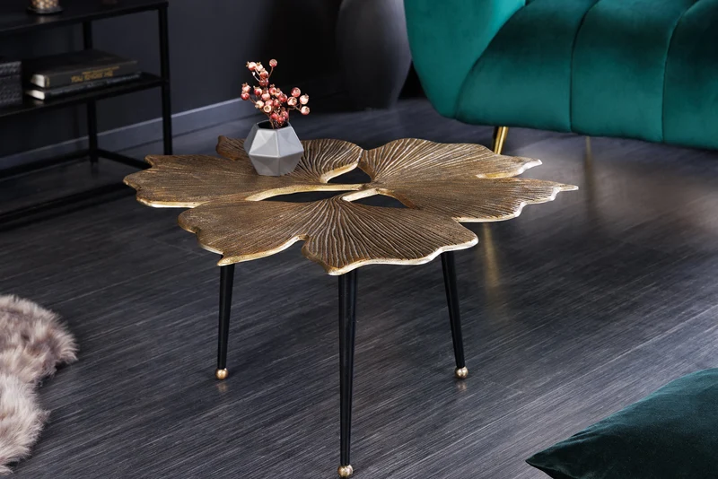 Table basse décorative GINKGO LEAFS 75cm métal doré fait main