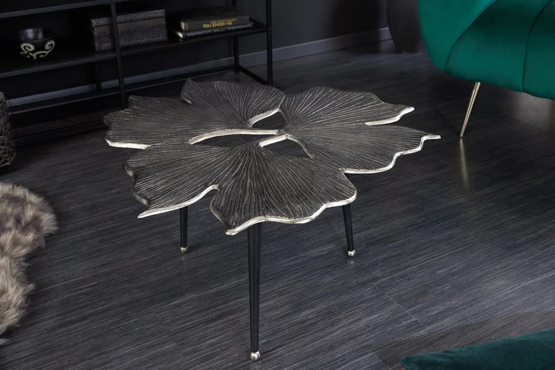 Table basse décorative GINKGO LEAFS 75cm métal argenté fait main
