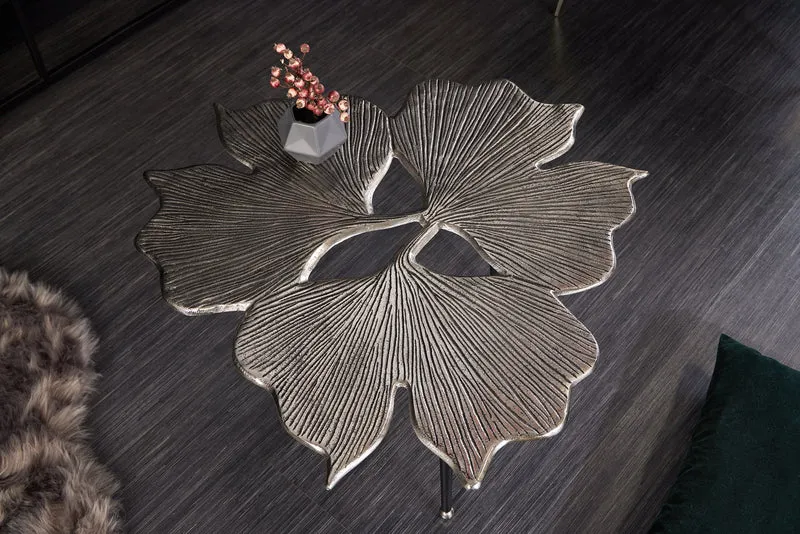 Table basse décorative GINKGO LEAFS 75cm métal argenté fait main