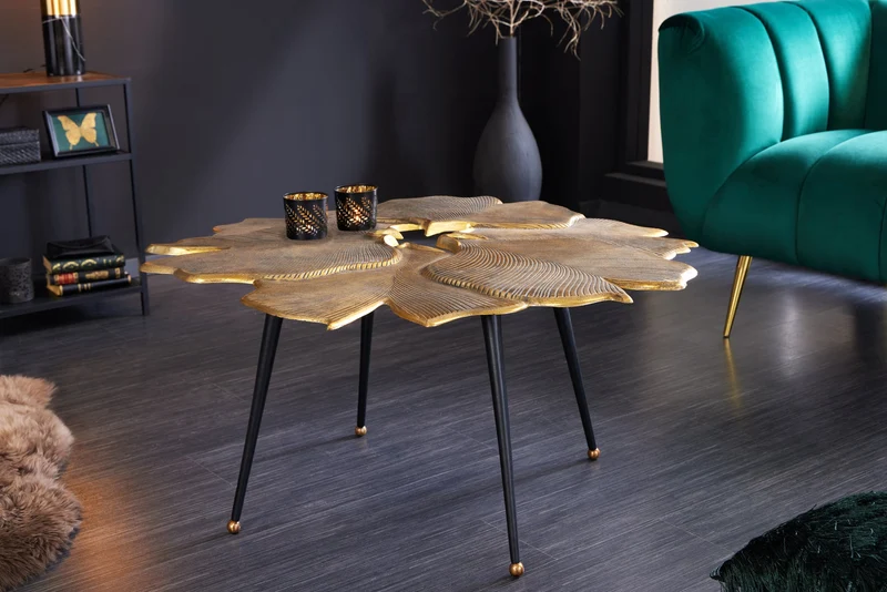 Table basse décorative GINKGO 95cm métal doré noir fait main