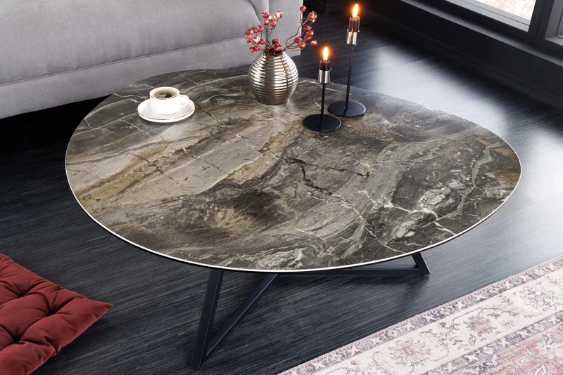 Table basse moderne MARVELOUS 90cm en céramique marbre taupe fabriquée en Italie