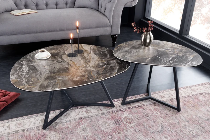 Table basse moderne MARVELOUS 90cm en céramique marbre taupe fabriquée en Italie