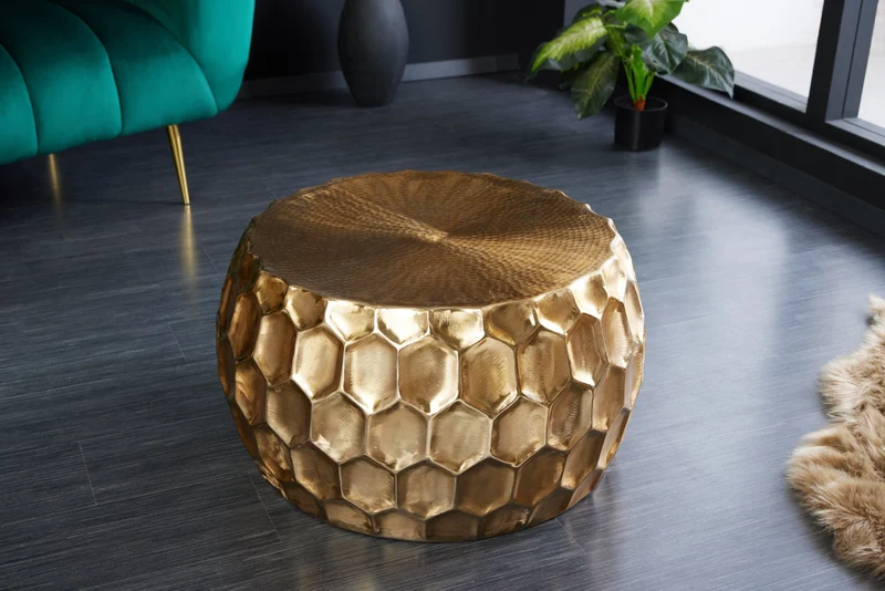 Table basse ronde ORGANIC ORIENT 70cm métal doré martelé fait main design nid d'abeille