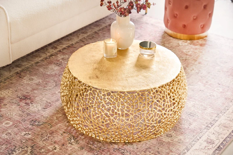 Table basse ronde ABSTRACT LEAF 75cm métal doré filigrane design vintage artisanal