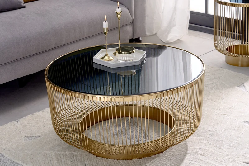 Table basse ronde VARIATION 80cm structure métal doré verre noir fait main
