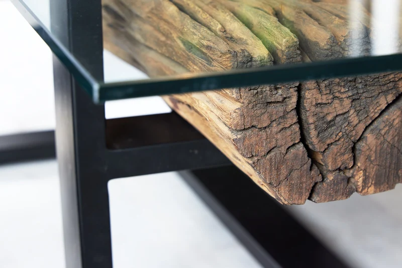 Table basse design BARRACUDA 130cm bois de teck recyclé plateau verre acier inoxydable noir industriel