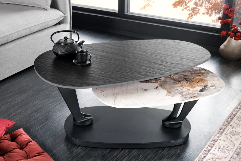 Table basse design MOVEMENT noire ronde rotative Pandora en céramique avec structure en métal