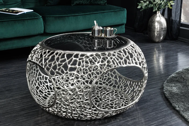 Table basse ronde SPIN 75cm argent noir verre métal avec espace de rangement fait main