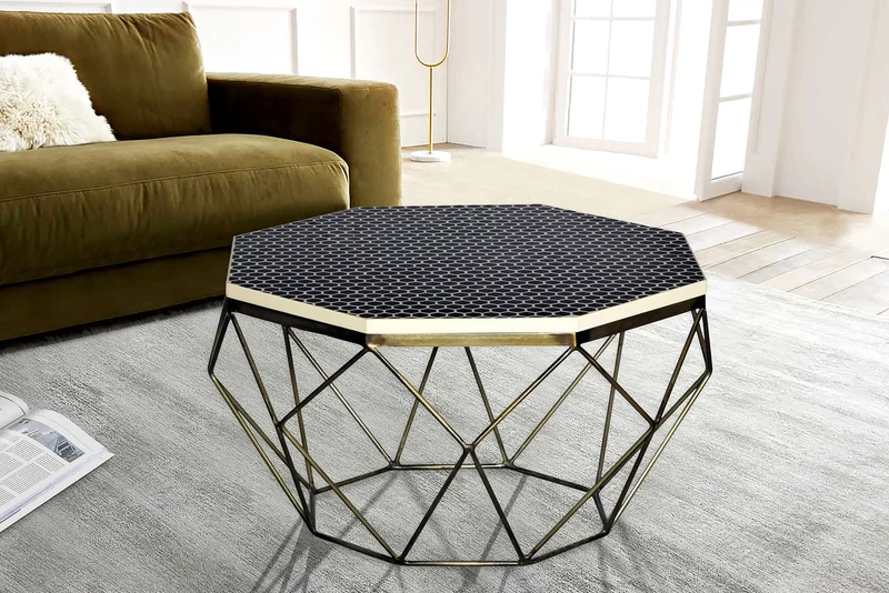 Table basse en marqueterie d'os DIAMOND 70 cm, noir et blanc, incrustation de laiton, artisanat