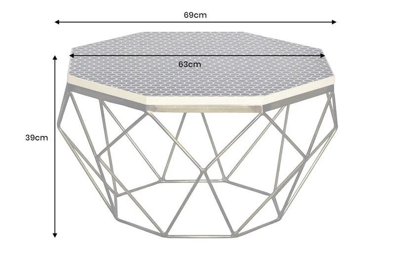 Table basse en marqueterie d'os DIAMOND 70 cm, noir et blanc, incrustation de laiton, artisanat