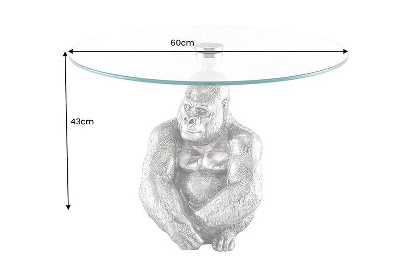 Table basse ronde WILDLIFE KONG 60cm métal argenté verre singe figure gorille sculpture fait main