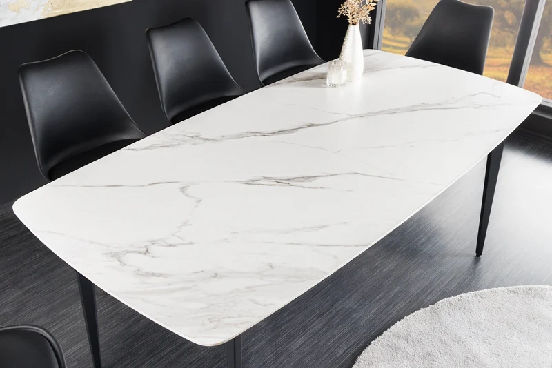 Table à manger MILANO 180 cm marbre blanc céramique structure métal noir