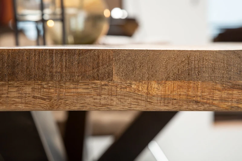 Table à manger industrielle solide GALAXIE 200cm en bois de manguier structure en forme d'étoile
