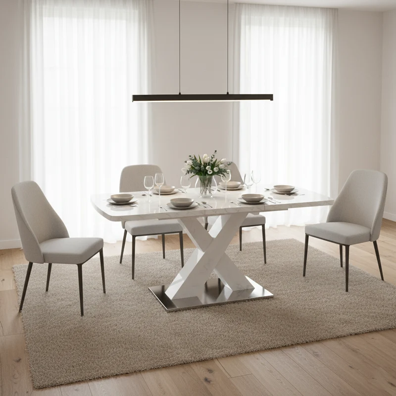 Table de salle à manger rectangulaire extensible 120-160cm, effet marbre blanc imprimé avec pied en forme X INFOCHEM