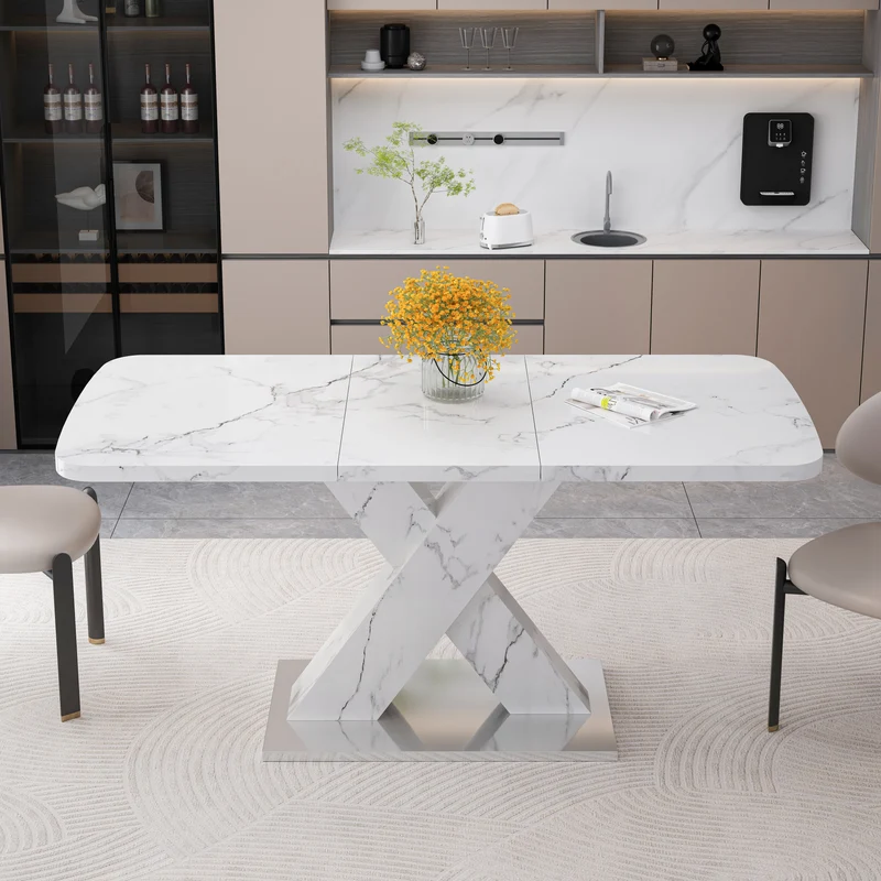 Table de salle à manger rectangulaire extensible 120-160cm, effet marbre blanc imprimé avec pied en forme X INFOCHEM