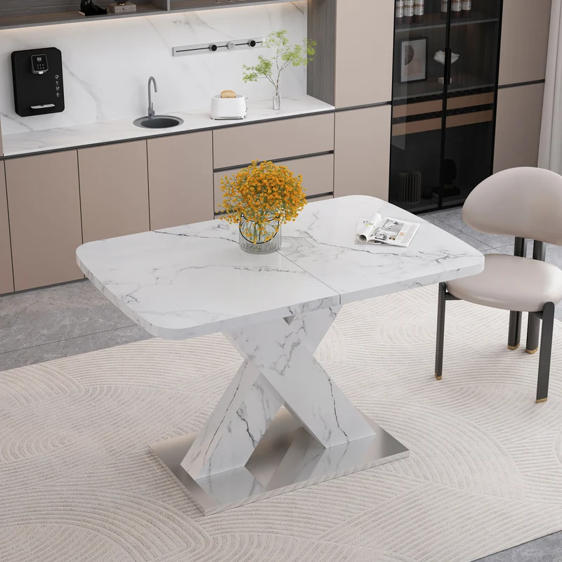 Table de salle à manger rectangulaire extensible 120-160cm, effet marbre blanc imprimé avec pied en forme X INFOCHEM
