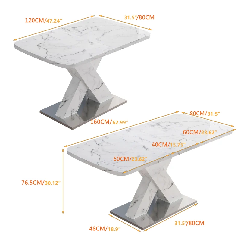Table de salle à manger rectangulaire extensible 120-160cm, effet marbre blanc imprimé avec pied en forme X INFOCHEM
